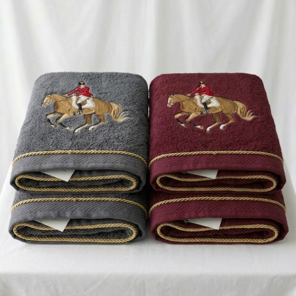 NWT Equestrian English Riding Gray & Burgundy Terry Bath Towel Set of 4